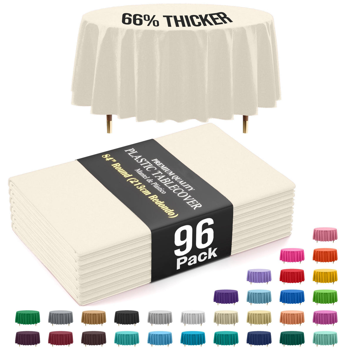 Premium Round Ivory Plastic Table Covers | 96 Count