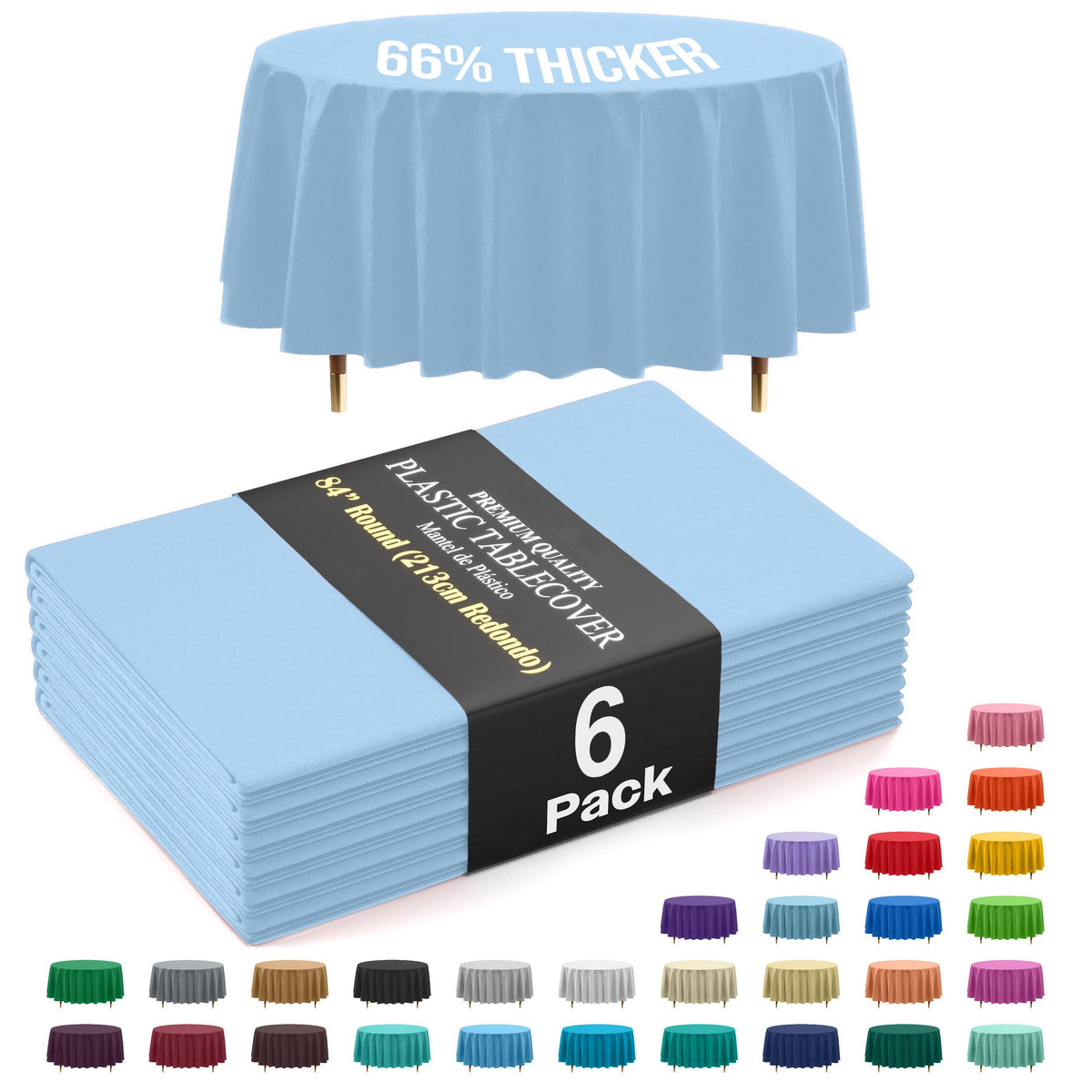 Premium Round Light Blue Plastic Table Covers | 6 Pack