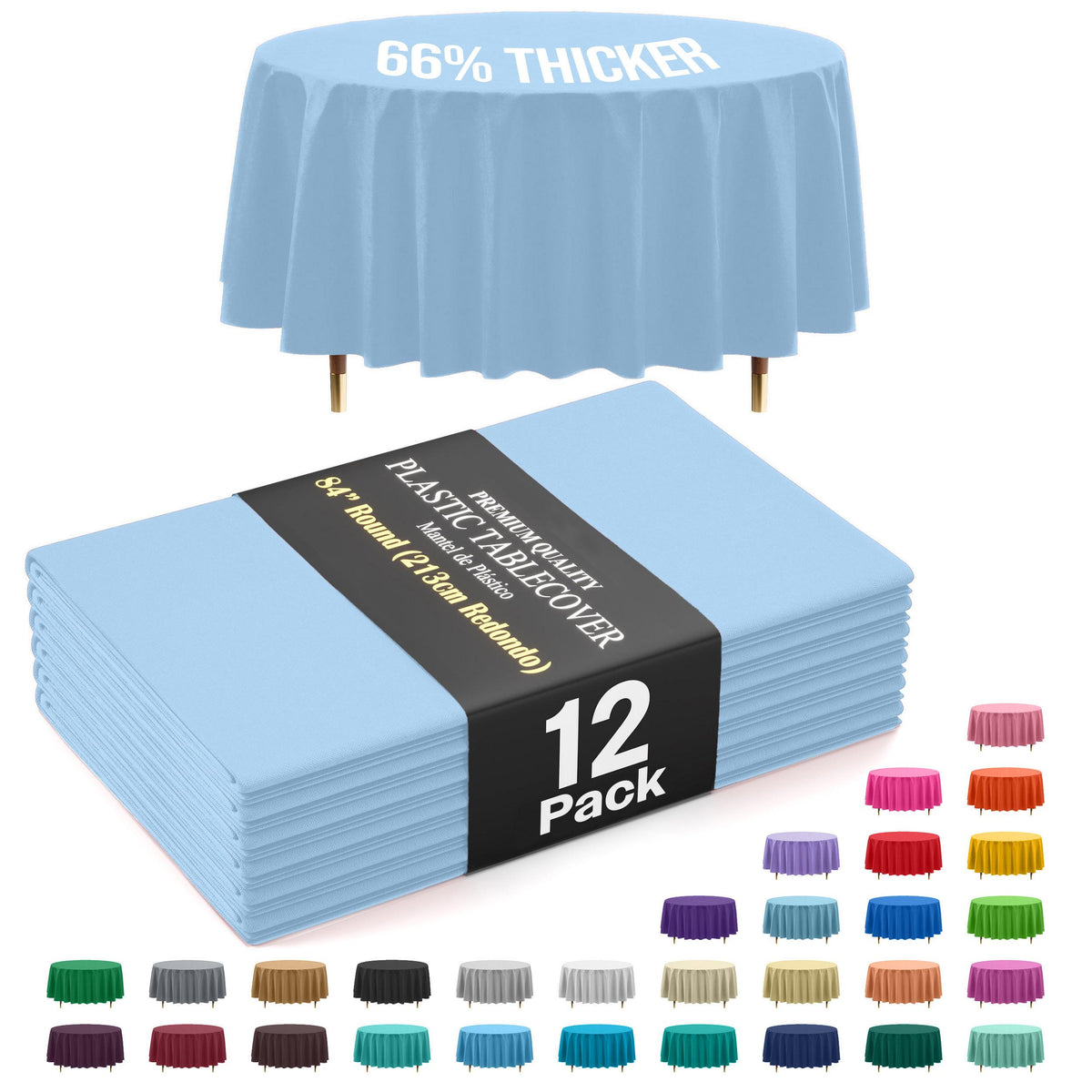 Premium Round Light Blue Plastic Table Covers | 12 Pack