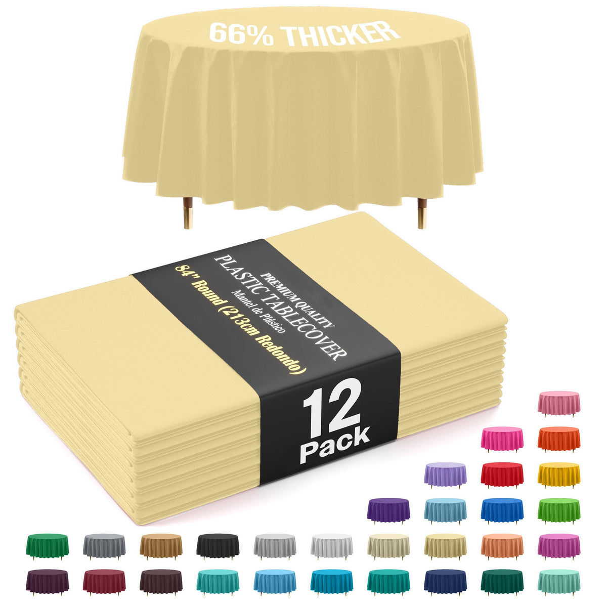 Premium Round Light Yellow Plastic Table Covers | 12 Pack