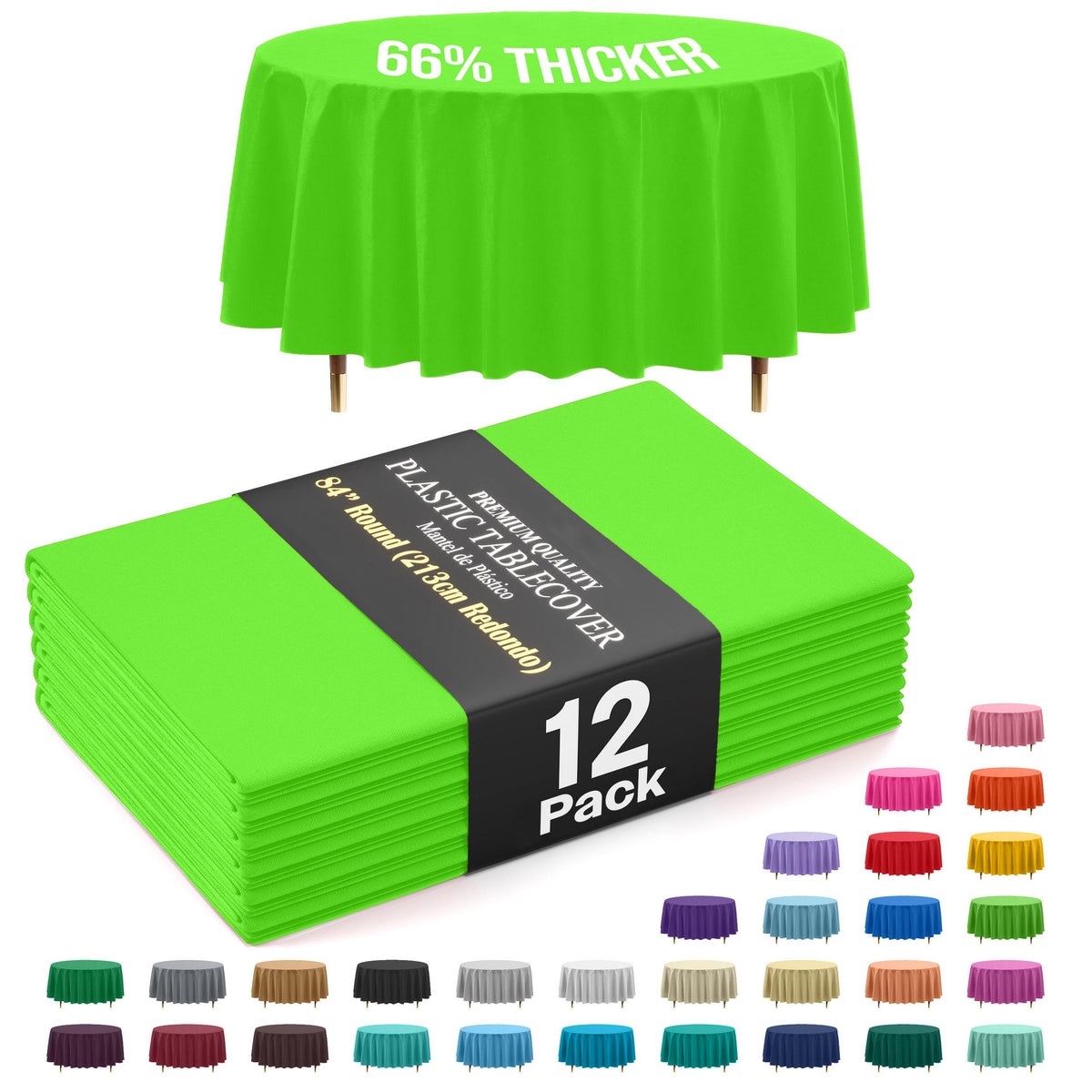 Premium Round Lime Green Plastic Table Covers | 12 Pack