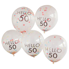 Hello 50 Milestone Balloons, Pink Gold, 12-inch, 5-ct - Case of 60