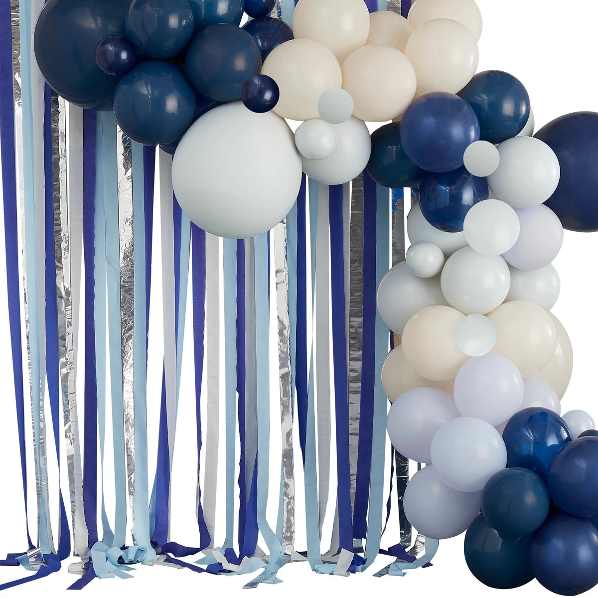 Elegant Blue and Cream Balloon Arch with Streamers | Case of 5