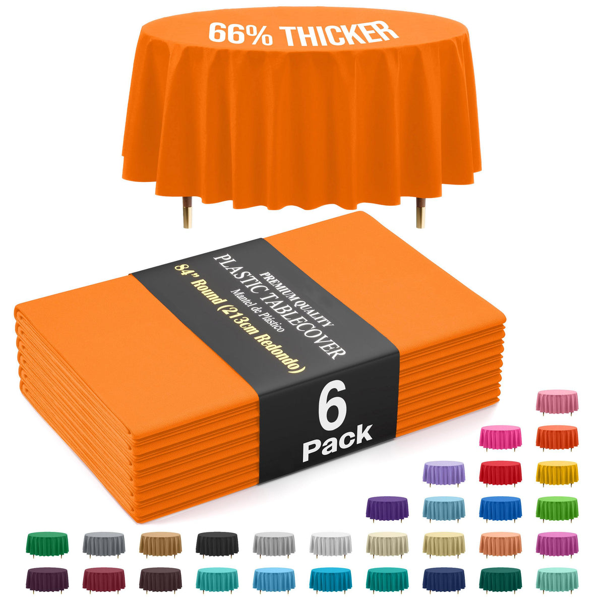 Premium Round Orange Plastic Table Covers | 6 Pack