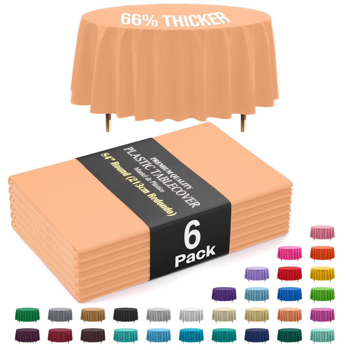 Premium Round Peach Plastic Table Covers | 6 Pack