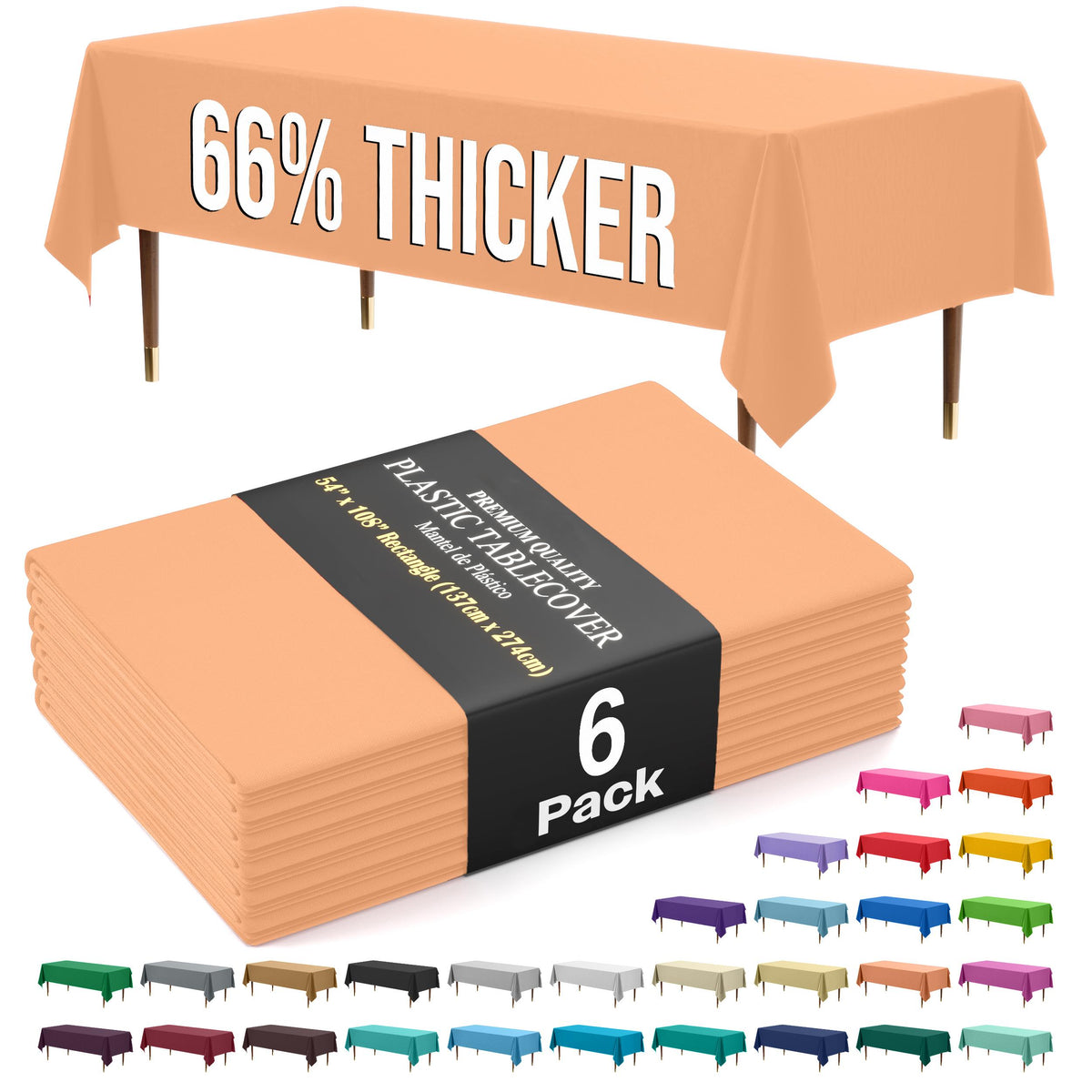 Premium Peach Plastic Table Covers | 6 Pack