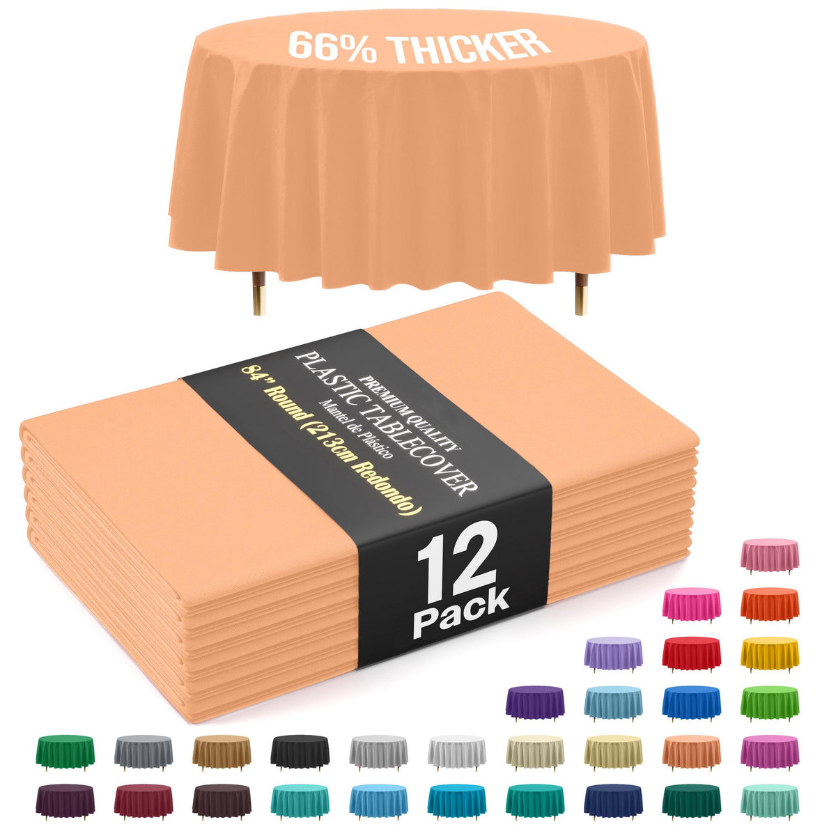 Premium Round Peach Plastic Table Covers | 12 Pack