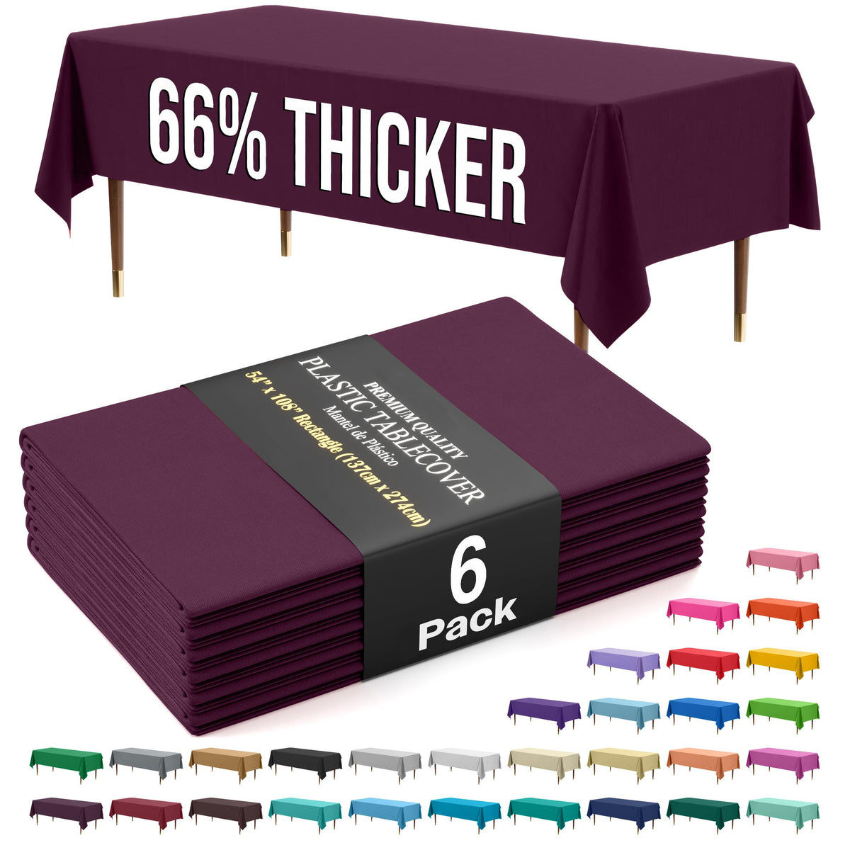 Premium Plum Plastic Table Covers | 6 Pack