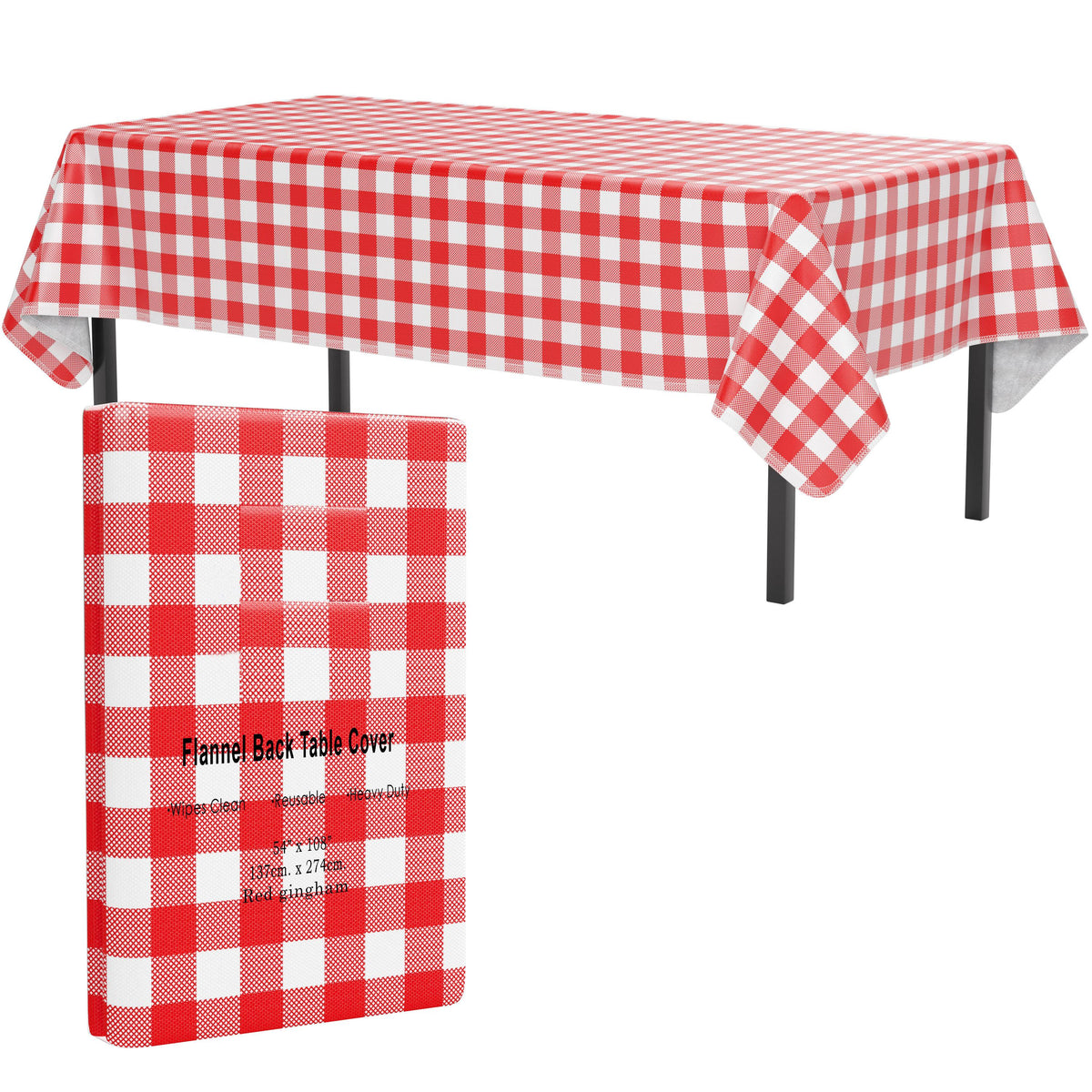 Red Gingham Flannel Backed Table Cover 54 In. x 108 In. | 2 Pack