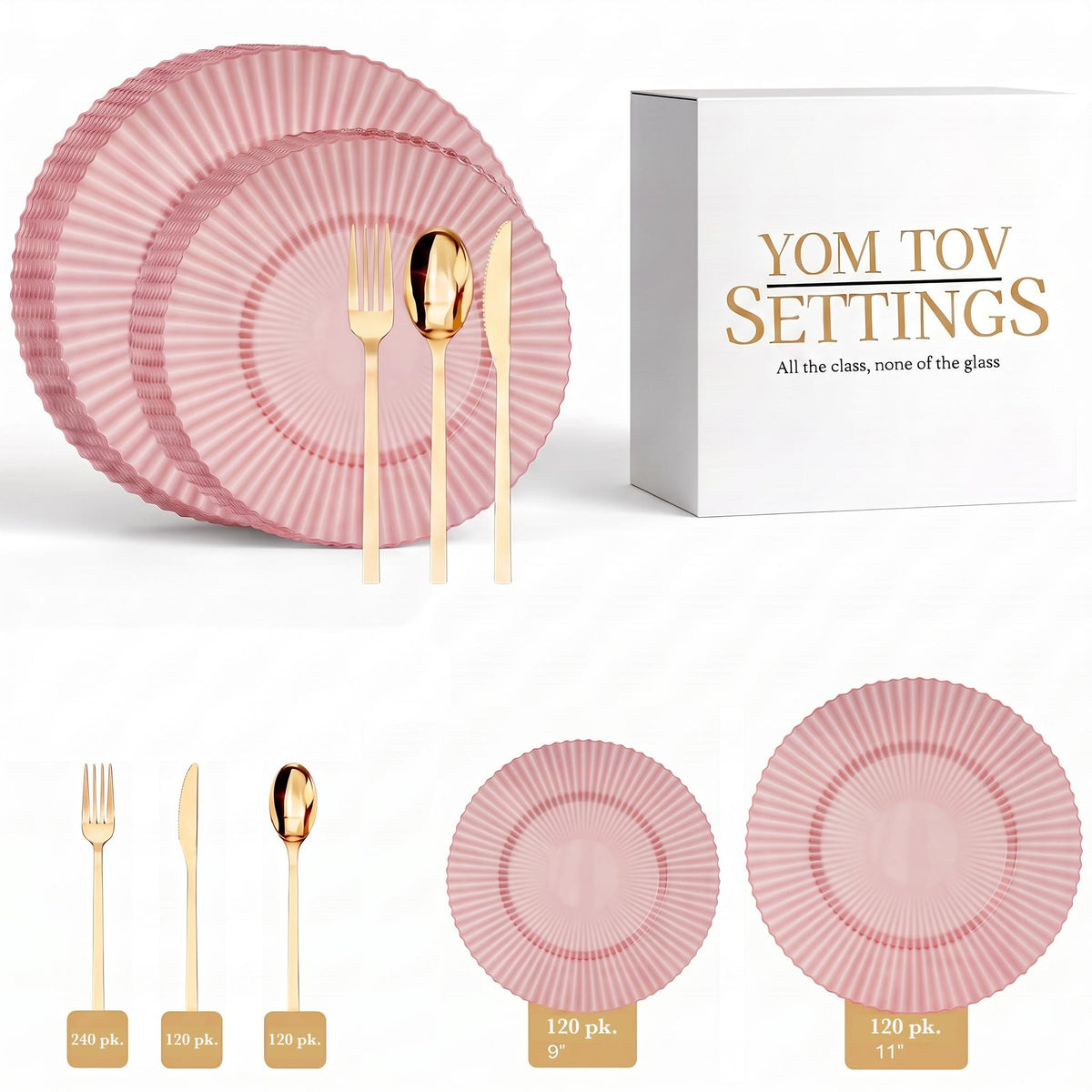 Rose Quartz Gemstone Deluxe Set | Plates & Gold Cutlery | Serves 120