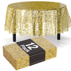 Round Gold Lace Plastic Table Covers | 12 Pack