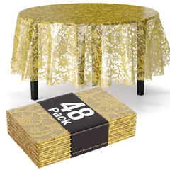 Gold Lace Printed Round Plastic Table Covers | 48 Count