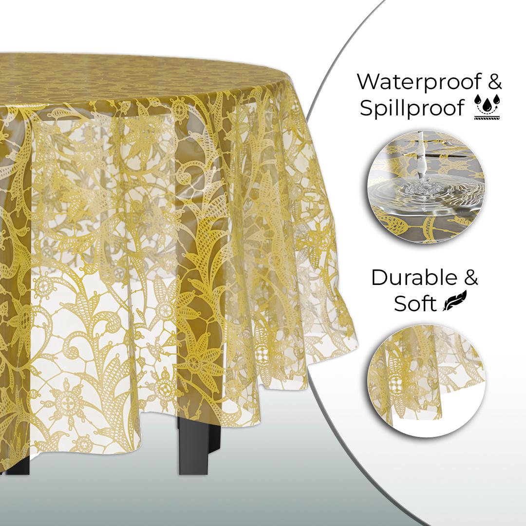 Gold Lace Printed Round Plastic Table Covers | 48 Count