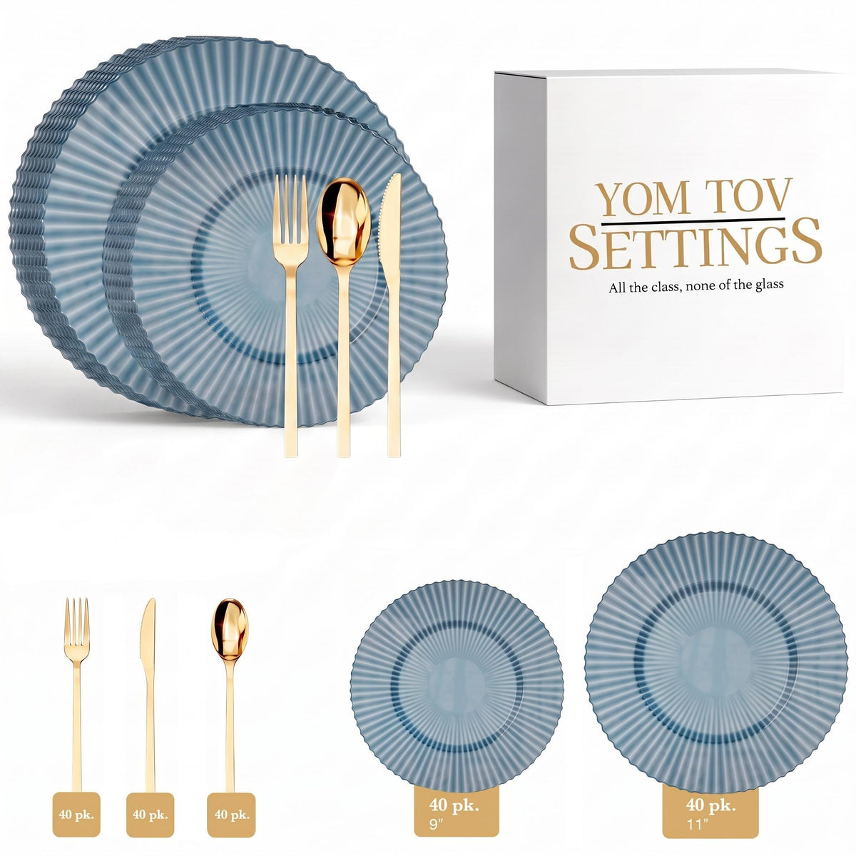 Sapphire Gemstone Deluxe Set | Plates & Gold Cutlery | Serves 40