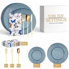 Sapphire Gemstone Ultimate Set | Plates, Gold Cutlery & Napkins | Serves 40