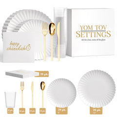 Service for 20 | Snow White Paper Scalloped Hanukkah Combo Set - Gold