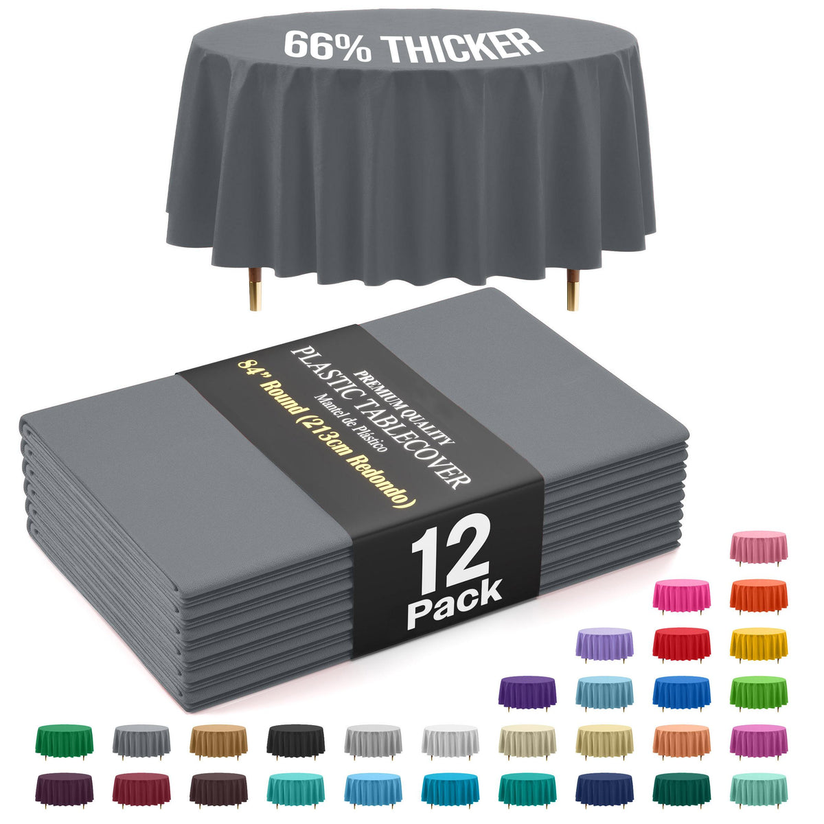 Premium Round Silver Plastic Table Covers | 12 Pack