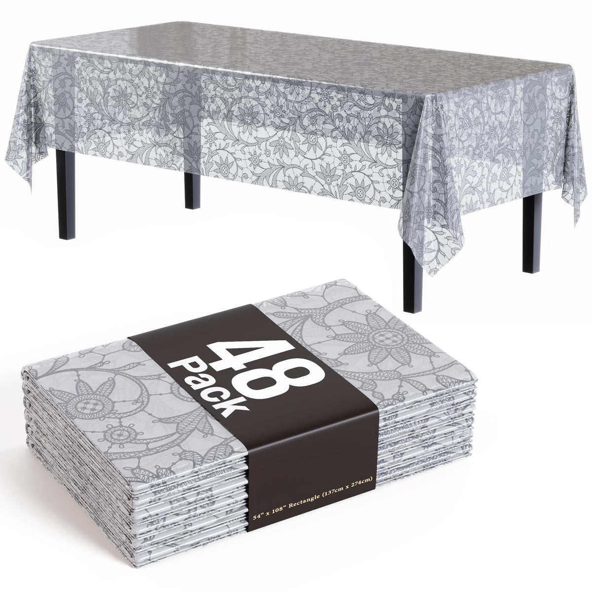 Silver Lace Printed Plastic Table Covers | 48 Count