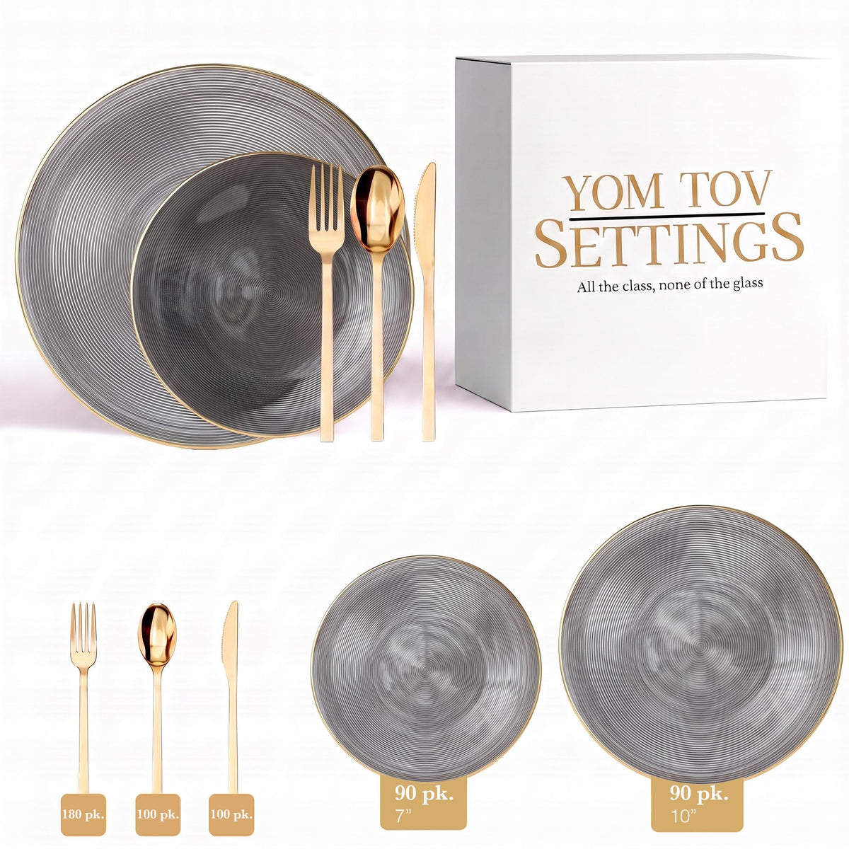 Smoke Luster Deluxe Set | Plates & Gold Cutlery | Serves 90