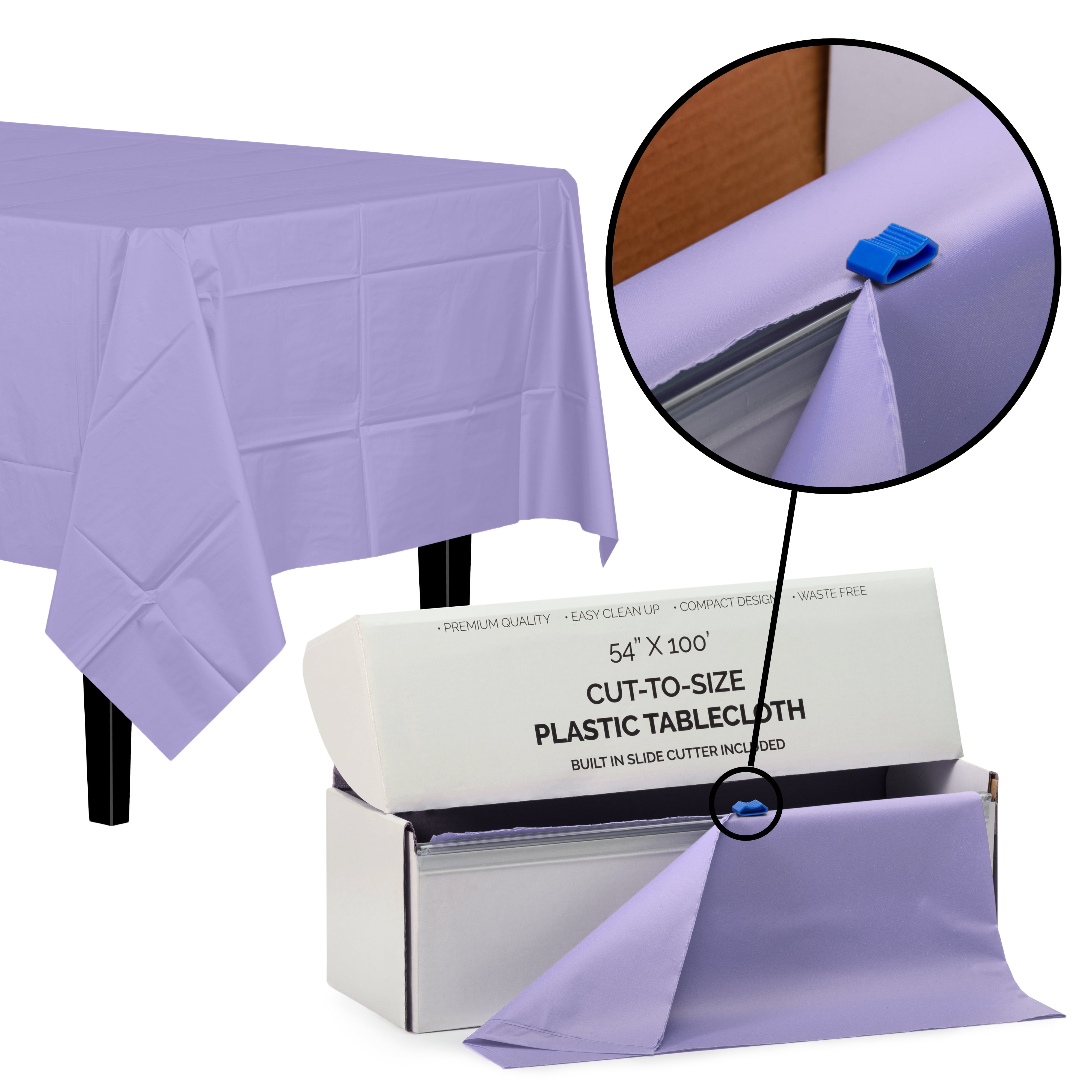 54" X 100' Cut To Size Lavender Plastic Table Rolls | 6 Pack