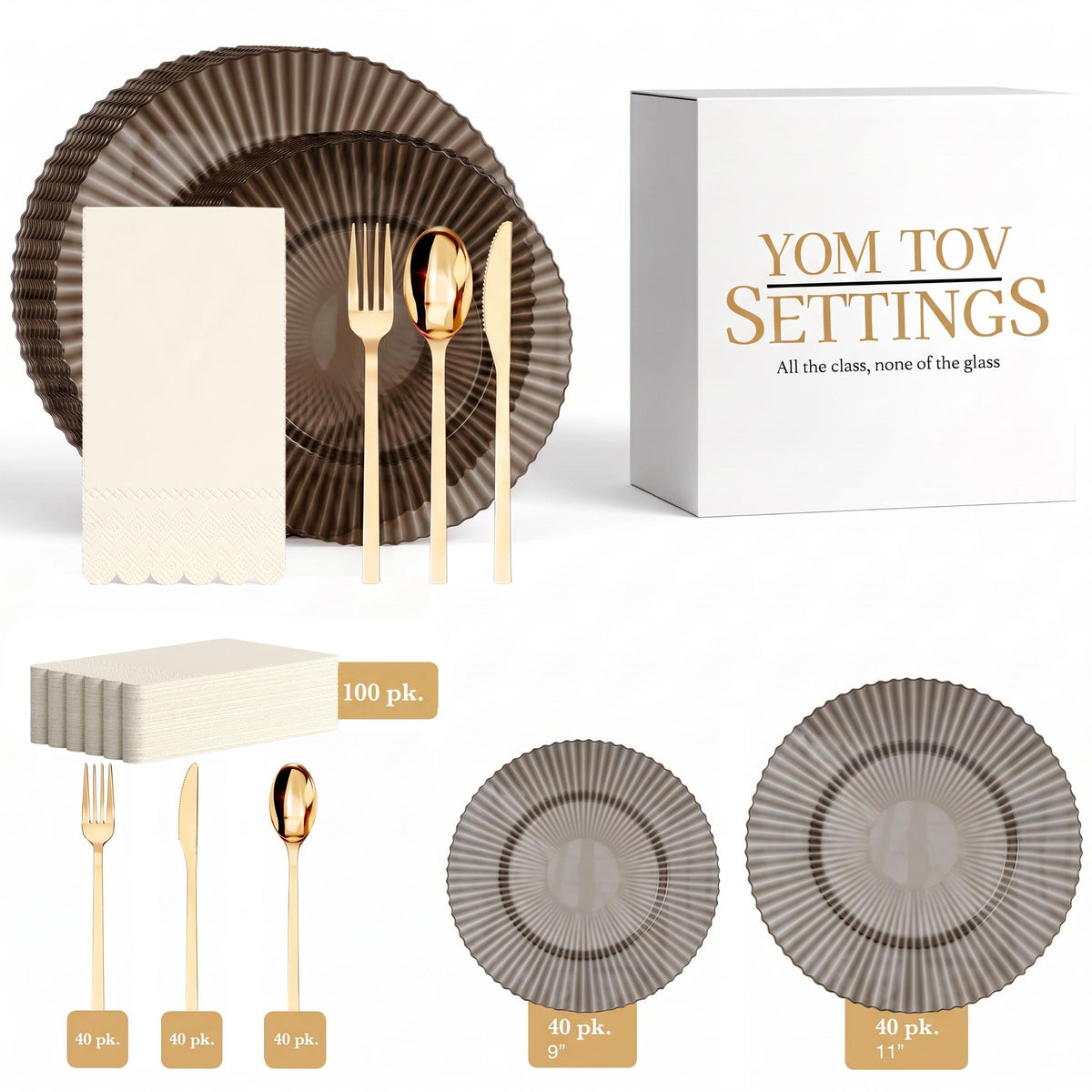 Topaz Gemstone Ultimate Set | Plates, Gold Cutlery & Napkins | Serves 40