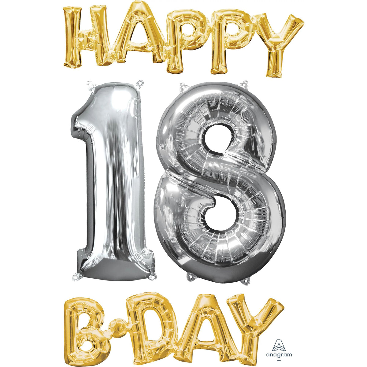 Metallic Gold & Silver Happy 18 B-Day Foil Balloon Set - Pack of 3