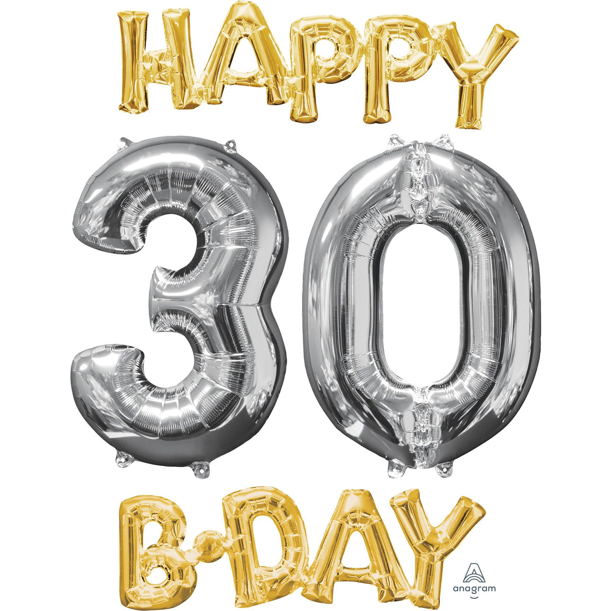 Metallic Gold & Silver 30th Birthday Balloon Set - Pack of 3