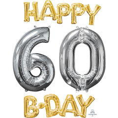 Metallic Gold & Silver Happy 60th B-Day Foil Balloon Set - Pack of 3