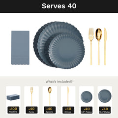 Scalloped Slate Blue Ultimate Set | Plates, Gold Cutlery & Napkins | Serves 40