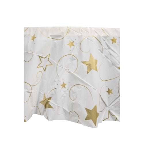 84in. Round Printed Plastic Table cover Gold Stars | 48 Count