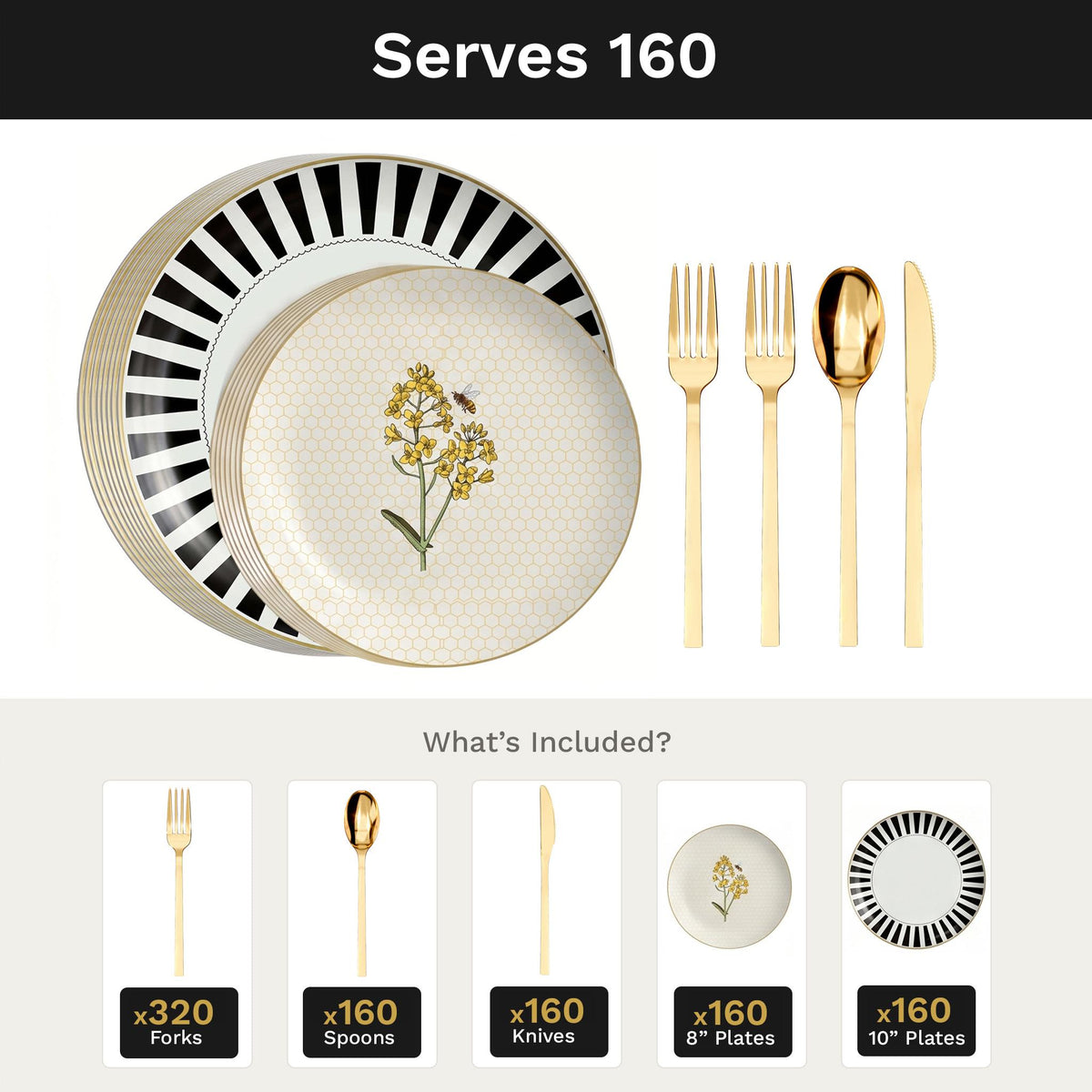 Earthtrends Nectar Deluxe Set | Plates & Gold Cutlery | Serves 160
