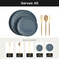 Scalloped Slate Blue Deluxe Set | Plates & Gold Cutlery | Serves 40