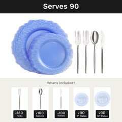 Blue Leaf Deluxe Set | Plates & Silver Cutlery | Serves 90
