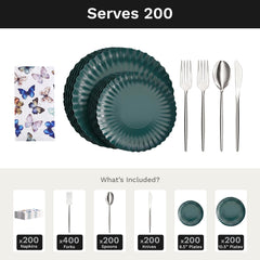 Scalloped Black Aqua Ultimate Set | Plates, Silver Cutlery & Napkins | Serves 200
