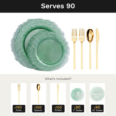 Green Leaf Deluxe Set | Plates & Gold Cutlery | Serves 90