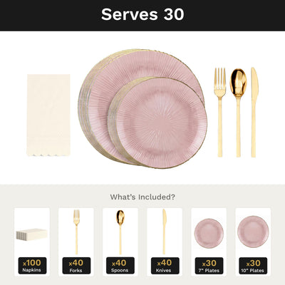 Pink Burst Ultimate Set | Plates, Gold Cutlery & Napkins | Serves 30