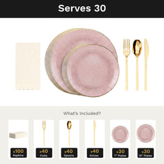 Pink Burst Ultimate Set | Plates, Gold Cutlery & Napkins | Serves 30