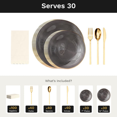Smoke Luster Ultimate Set | Plates, Gold Cutlery & Napkins | Serves 30