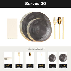 Smoke Luster Ultimate Set | Plates, Gold Cutlery & Napkins | Serves 30