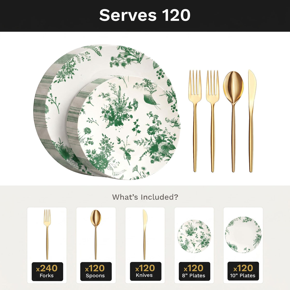 Verdure Deluxe Set | Plates & Gold Cutlery | Serves 120