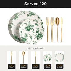 Verdure Deluxe Set | Plates & Gold Cutlery | Serves 120