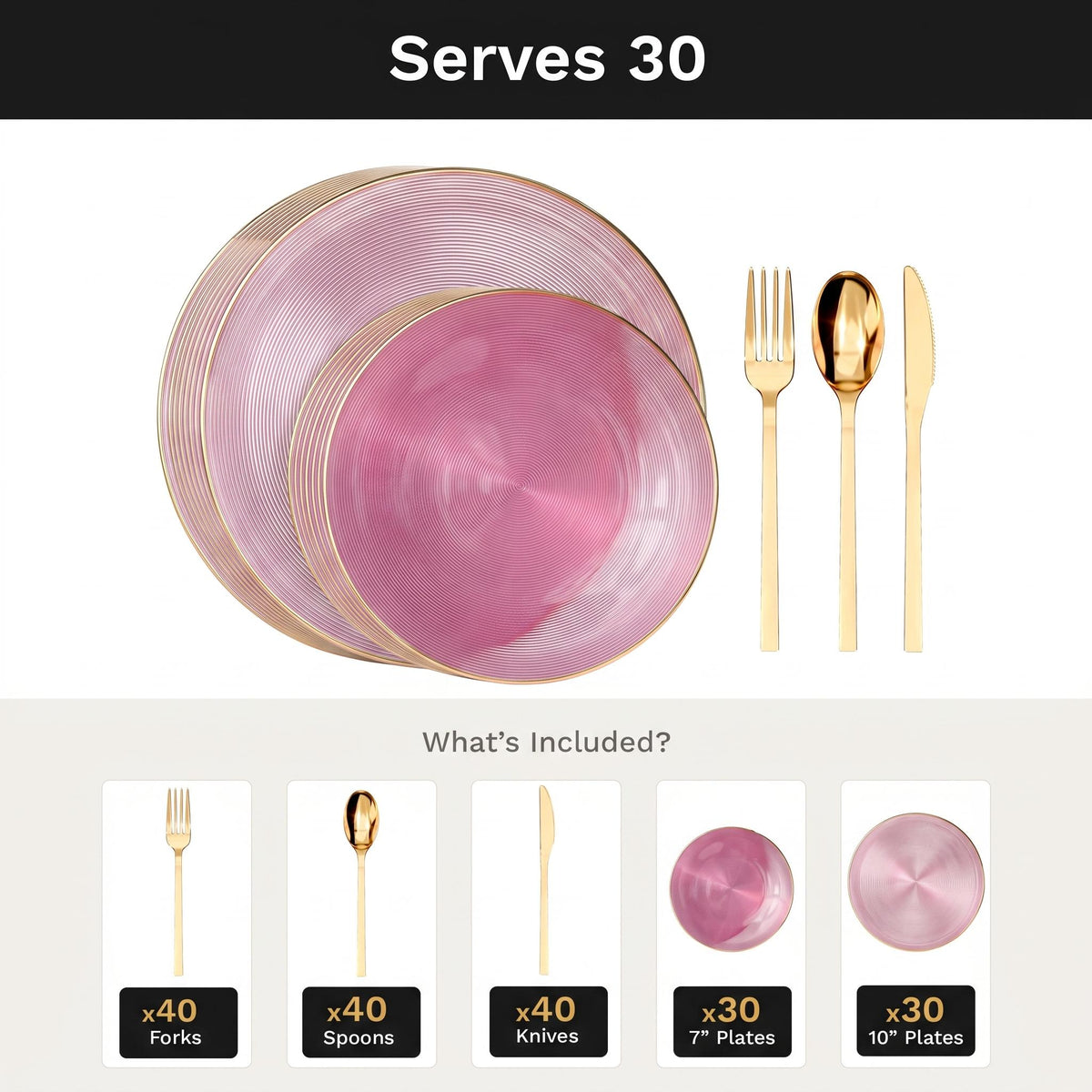 Pink Luster Deluxe Set | Plates & Gold Cutlery | Serves 30