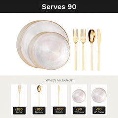 Clear Luster Deluxe Set | Plates & Gold Cutlery | Serves 90