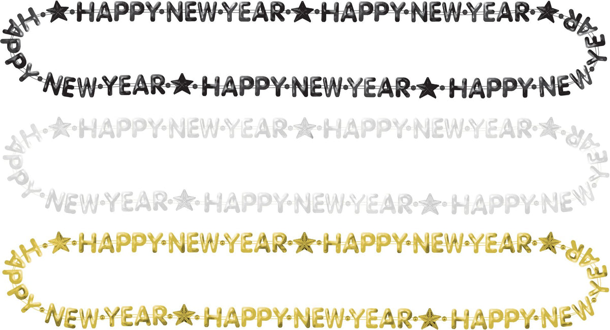 Happy New Year Word Necklaces, Black/Gold/Silver, 33-inch, 3-pk - Pack of 3