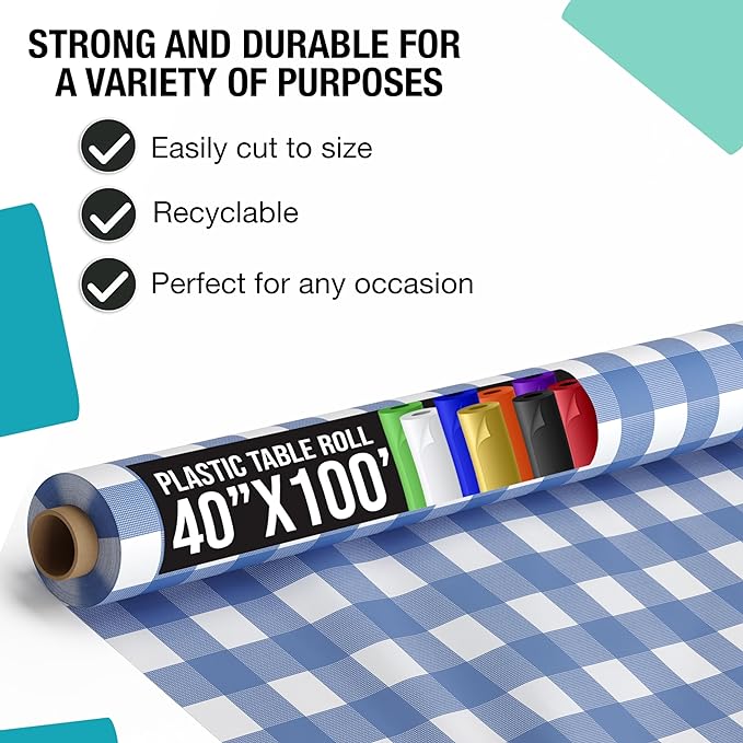 40 In. x 100 Ft. Premium Blue Gingham Plastic Table Roll | 6 Pack