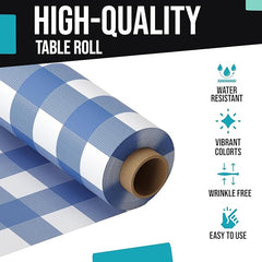 40 In. x 100 Ft. Premium Blue Gingham Plastic Table Roll | 6 Pack