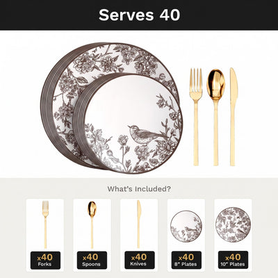 Rustik Deluxe Set | Plates & Gold Cutlery | Serves 40