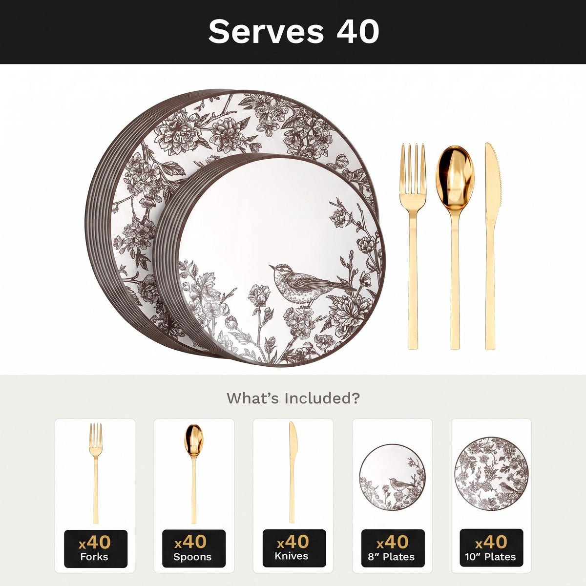 Rustik Deluxe Set | Plates & Gold Cutlery | Serves 40