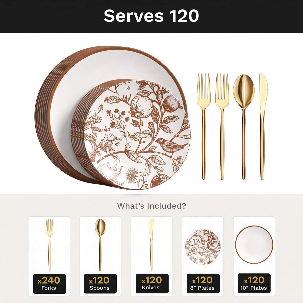 Pomegranate Deluxe Set | Plates & Gold Cutlery | Serves 120