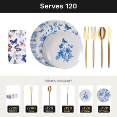 Botanical Ultimate Set | Plates, Gold Cutlery & Napkins | Serves 120